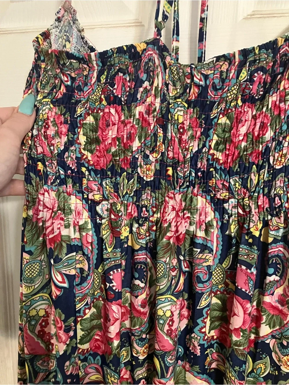 Vintage Y2K Paisley Floral Smocked Halter Tunic Dress Blue Size XL